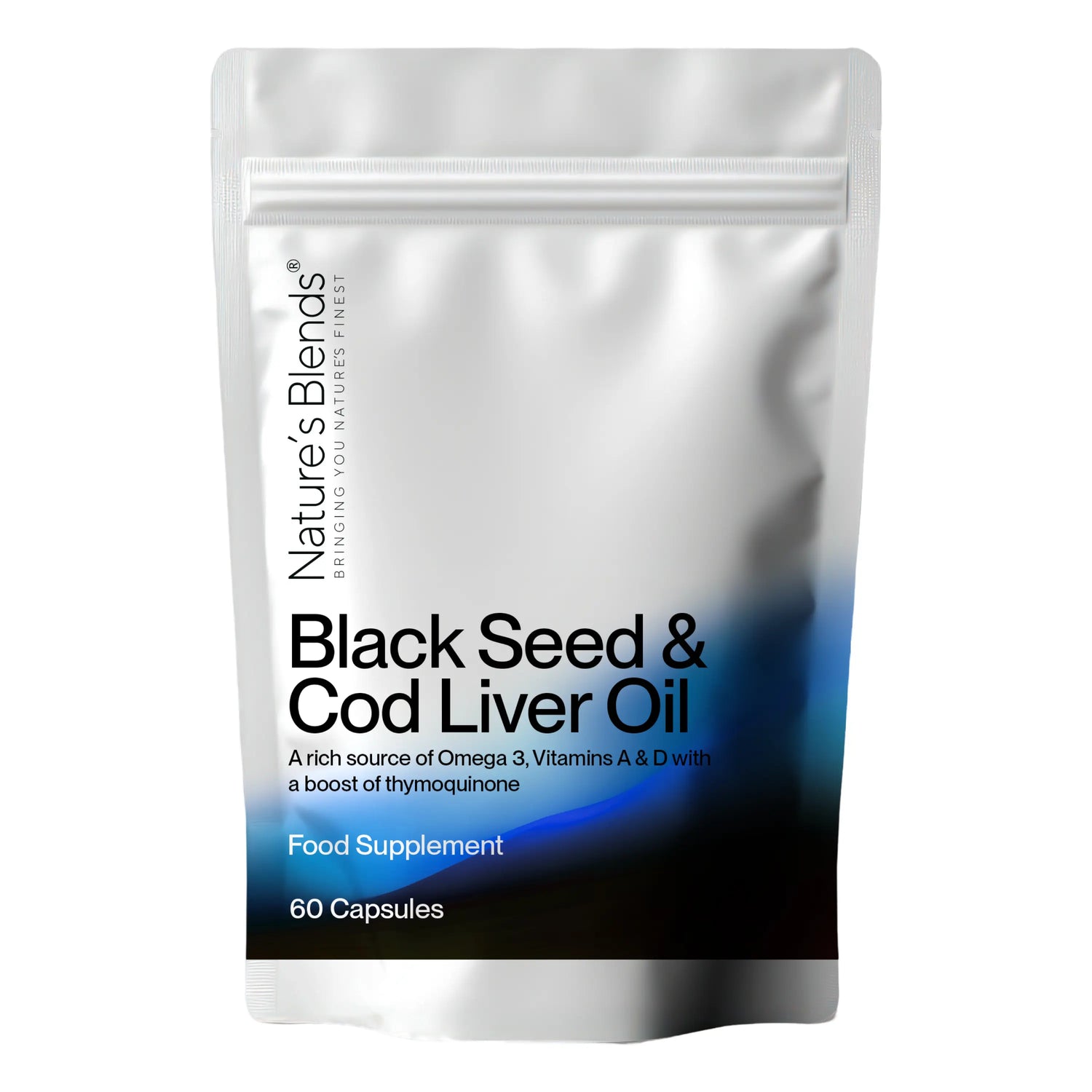 Black Seed & Cod Liver Oil 60 kapslar från Nature’s Blends – kombinerar svartkummin och torskleverolja, säljs hos Nature’s Victory