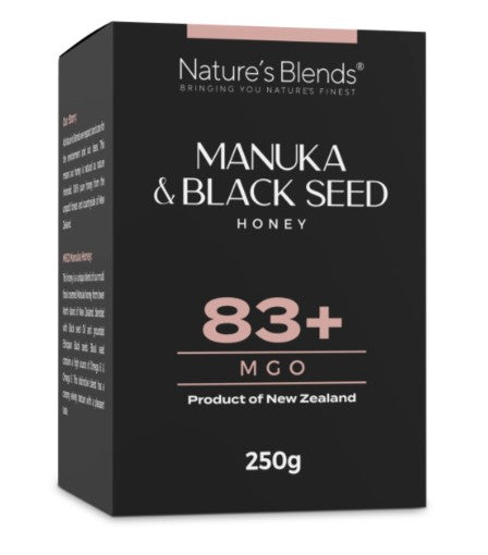Rå Manukahonung 83+ MGO med svartkummin 250g från Nature’s Blends – säljs hos Nature’s Victory