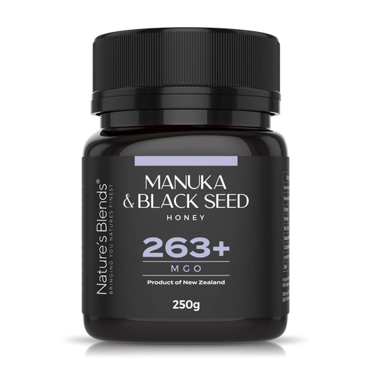 Rå Manukahonung 263+ MGO med svartkummin 250g från Nature’s Blends – säljs hos Nature’s Victory
